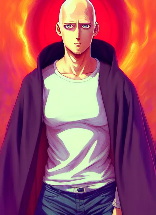 Prompt: handsome saitama, half body shot, path traced, cape, highly detailed, high quality, digital painting, alena aenami, lilia alvarado, shinji aramaki, karol bak, alphonse mucha, tom bagshaw