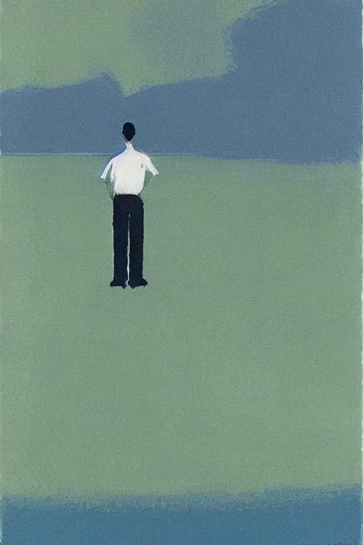 Image similar to man standing by a river, 1960’s minimalist advertising illustration, painterly, expressive brush strokes