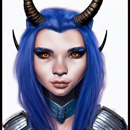 Image similar to illustrated realistic portrait female prong-horned kobold with blue bob hair and solid dark eyes wearing strap leather armor by rossdraws