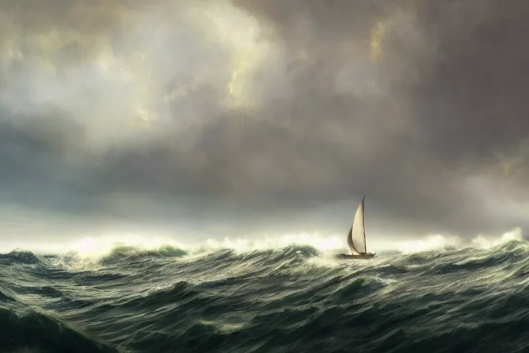 Image similar to a real photographic landscape painting with incomparable reality, super wide, ominous sky, sailing boat, wooden boat, lotus, huge waves, starry night, harry potter, volumetric lighting, clearing, realistic, james gurney, artstation