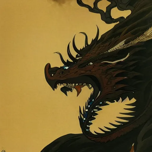 Image similar to close-up head of a furious dragon by Katsushika Hokusai, Pete Mohrbacher, Yoji Shinkawa + dark clouds + Portrait + gothic illustration + Trending on Artstation + Intricate details