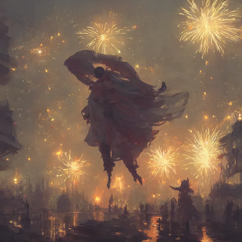 Image similar to firework festival at night, greg rutkowski, krenzcushart, nier automata enviroment concept art, makoto shinkai, alphonse mucha