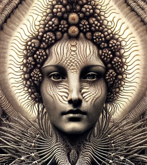 Image similar to detailed realistic beautiful cactus goddess face portrait by jean delville, gustave dore, iris van herpen and marco mazzoni, art forms of nature by ernst haeckel, art nouveau, symbolist, visionary, gothic, neo - gothic, pre - raphaelite, fractal lace, intricate alien botanicals, ai biodiversity, surreality, hyperdetailed ultrasharp octane render