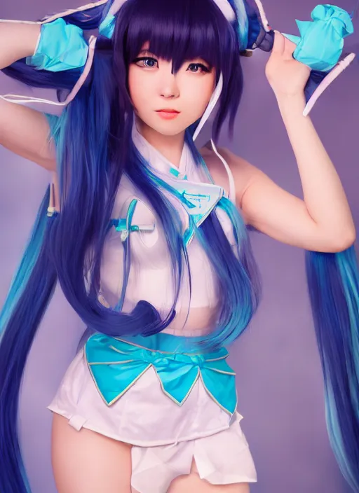 Image similar to Cute beautiful Asian cosplay girl with long blue hair and tempting eyes cosplaing Hatsune miku, full length shot, shining, 8k, HQ, sharp focus, IMAX quality, illustration, by Gil Elvgren and rossdraws