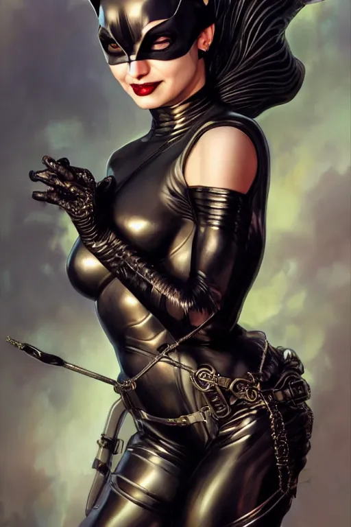 Image similar to painting of catwoman wearing ornate plastic armor, ultra realistic, sharp details, subsurface scattering, intricate details, warm lighting, beautiful features, highly detailed, photorealistic, octane render, 8 k, unreal engine, art by artgerm and greg rutkowski and alphonse mucha