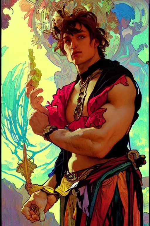 Prompt: A mage wearing colorful clothes, muscular, fantasy, holding a skull, painting by greg rutkowski and alphonse mucha