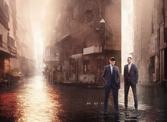 Image similar to a very high resolution image from a new movie, two deer in suits, in a narrow chinese alley, surrounded by water vapor, beatiful backgrounds, dramatic lighting, directed by wes anderson