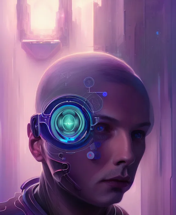 Image similar to a whirlwind inside the metaverse, guy, male, man, hologram, half body, neurochip, android, cyborg, cyberpunk face, by loish, d & d, fantasy, intricate, elegant, highly detailed, colorful, digital painting, artstation, concept art, art by artgerm and greg rutkowski and alphonse mucha