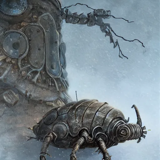 Image similar to giant armored ashigaru beetle war construct golem, glowing gnostic brian froud markings, magic and steam - punk inspired, in an ancient stone circle on a plateau in a blizzard, concept painting by jessica rossier, hr giger, john berkey