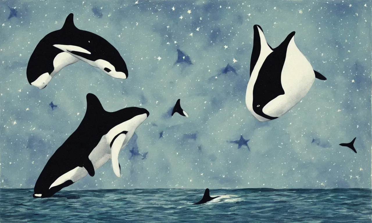 Image similar to orca among the stars in the style of famous painter