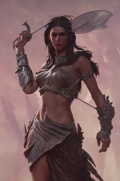 Prompt: goddess of war accurate anatomy, only two hands, highly detailed, digital painting, artstation, concept art, smooth, sharp focus, illustration, Unreal Engine 5, 8K, art by Ross Tran and greg rutkowski and alphonse Mucha and Frank Frazetta