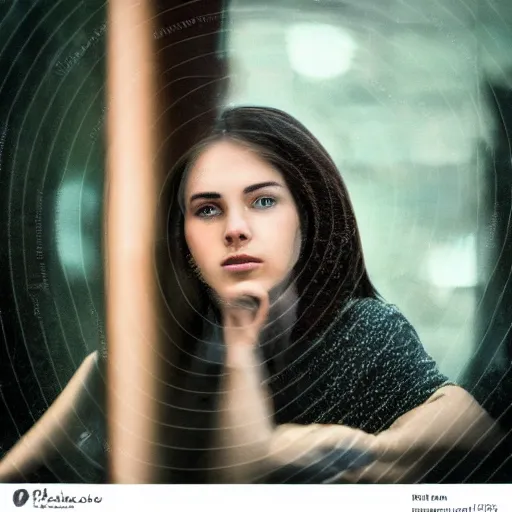 Image similar to young person looking through window on rainy day, view of her head from behind, sad, lots of raindrops, detailed, cinematic, dramatic lighting