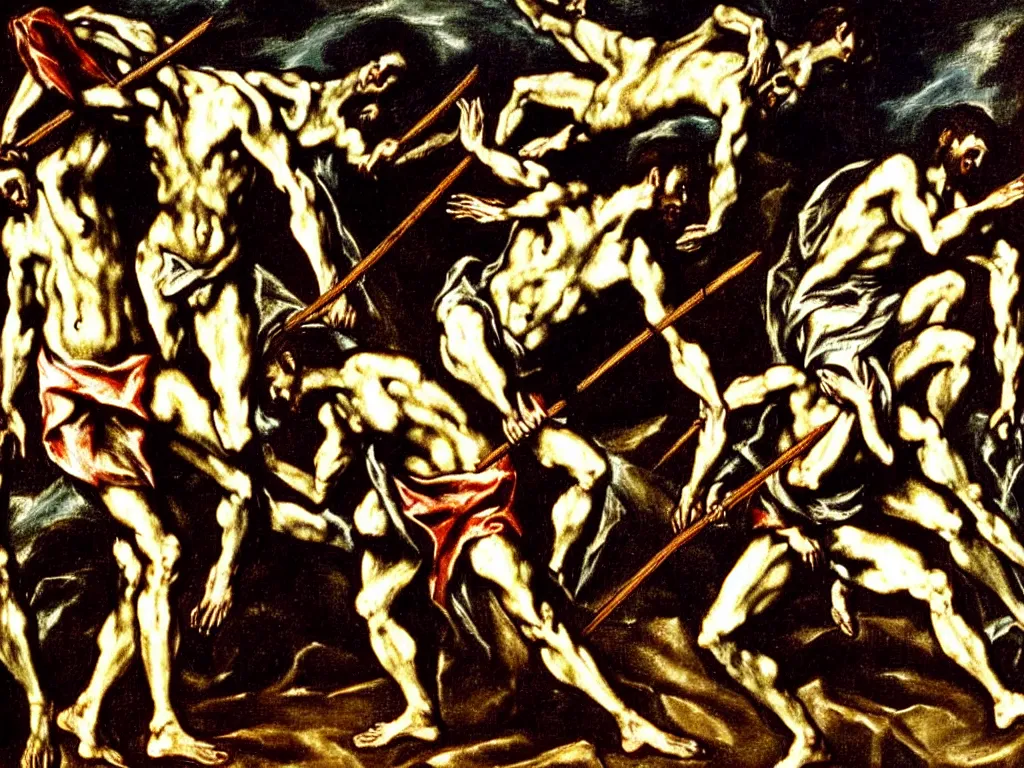 Prompt: detailed painting Cain stabs Abel with a spear by El Greco, mythological, oil painting