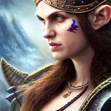 Prompt: Portrait elven viking girl warrior lady viking valkyrie, alexandra daddario, 4k oil on linen by wlop, artgerm, andrei riabovitchev, nuri iyem, james gurney, james jean, greg rutkowski, highly detailed, soft lighting 8k resolution