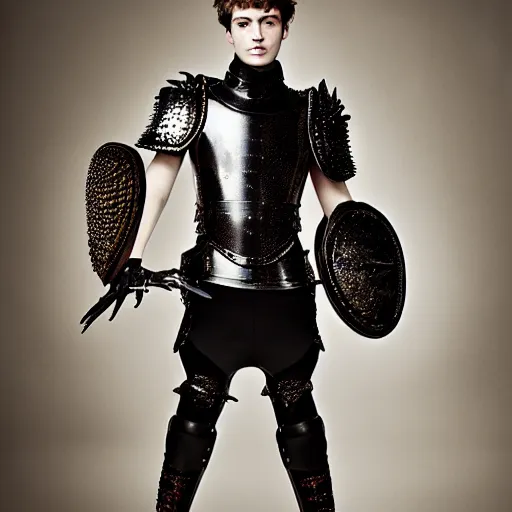Image similar to a portrait of a beautiful young french male wearing an alexander mcqueen armor , photographed by andrew thomas huang, artistic