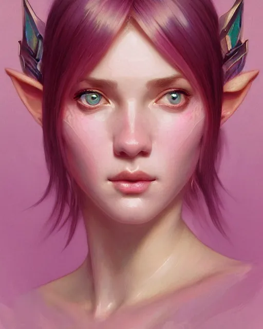 Prompt: portrait of pink layered bob half elf, intricate, elegant, highly detailed, digital painting, artstation, concept art, smooth, sharp focus, illustration, art by artgerm and greg rutkowski and alphonse mucha and uang guangjian and gil elvgren and sachin teng and wlop, symmetry