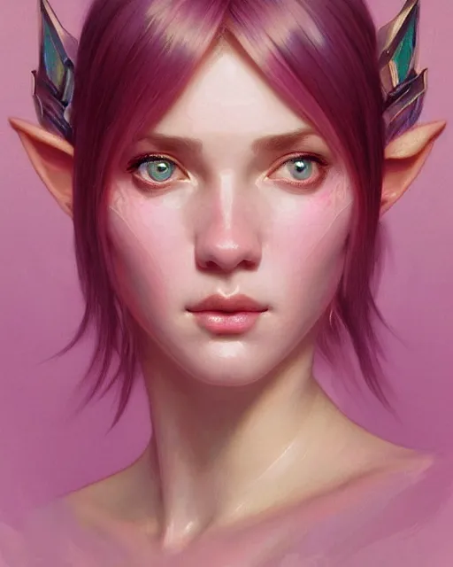 Image similar to portrait of pink layered bob half elf, intricate, elegant, highly detailed, digital painting, artstation, concept art, smooth, sharp focus, illustration, art by artgerm and greg rutkowski and alphonse mucha and uang guangjian and gil elvgren and sachin teng and wlop, symmetry