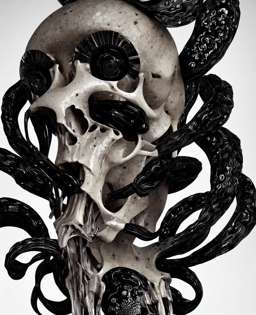 Image similar to goddess princess face close-up portrait ram skull. sculpture made of black and dichroic. jellyfish phoenix head, nautilus, orchid, skull, betta fish, bioluminiscent creatures, intricate artwork by Tooth Wu and wlop and beeple. octane render, trending on artstation, greg rutkowski very coherent symmetrical artwork. cinematic, hyper realism, high detail, octane render, 8k