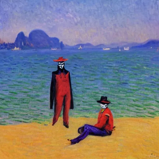 Image similar to a joker and a armed robber chilling on ipanema beach by monet