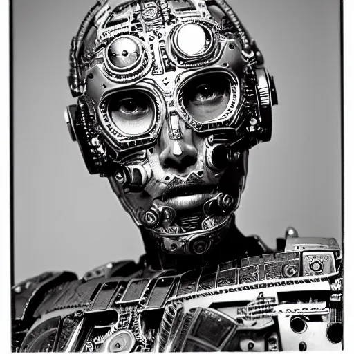 Prompt: a portrait photo of a fine detailed elaborate cyborg by alvin schwartz, high contrast black and white, studio lighting, hasselblad camera, ilford hp - 5
