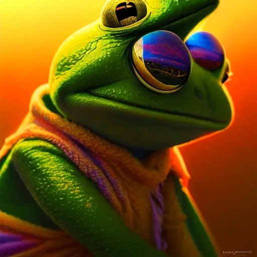 Image similar to transcendent kermit the frog, psychedelic indigo honey flowing like kaleidoscopic translucent amber, lsd waves, honey ripples, enlightenment, dramatic professional lighting, refracted sunset lighting, highly detailed, concept art, art by collier, albert aublet, krenz cushart, artem demura, alphonse mucha