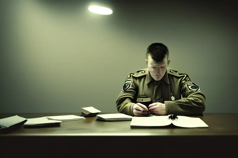 Image similar to an ultra realistic, cinematic photograph of a male prison guard, sat at a desk, fire, dramatic, soft light, dreamy, facial features, detailed, deep focus, movie still, dramatic lighting, ray tracing, by anton semenov and yoshitaka