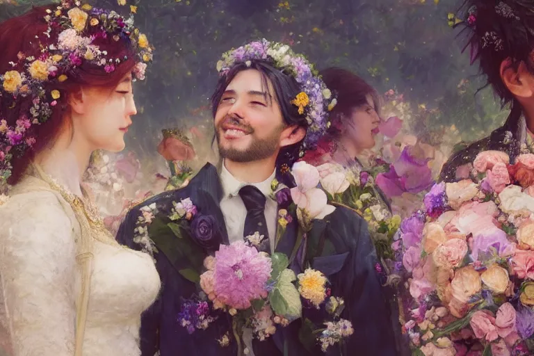 Image similar to the groom look at the bride at a wedding full of flowers, bright and happy, dreamlike art, highly detail, 4 k realistic, wedding photoy krenz cushart, artem demura, yoji shinkawa artgerm, jon lothian, danilo torres. adi meyers. thomas reimann. gaston bussiere.