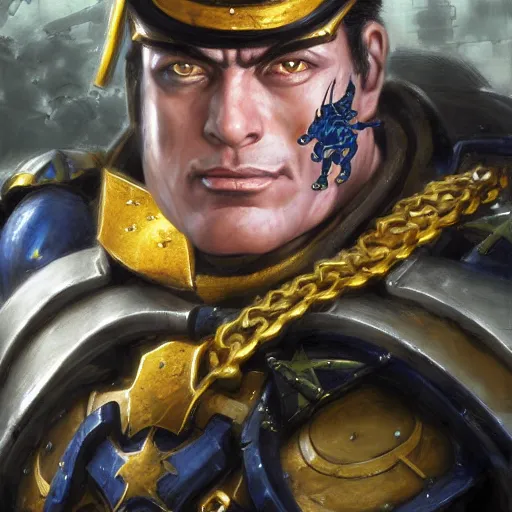 Image similar to Jotaro Kujo as a space marine Primarch, warhammer 40k, closeup character portrait art by Donato Giancola, Craig Mullins, digital art, trending on artstation