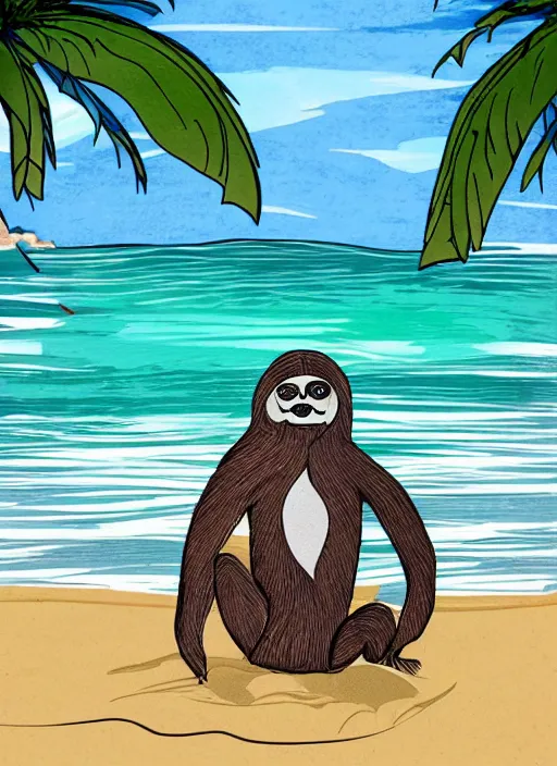 Prompt: hipster drawing of a surfer sloth sitting on the sand, tropical water in the background hawaii