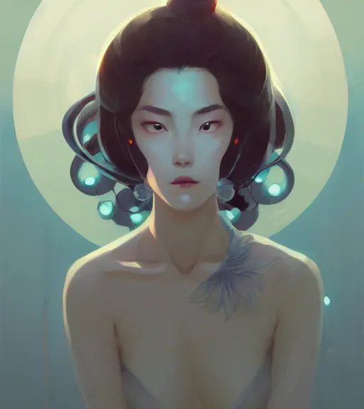 Image similar to portrait of a beautiful alluring immortal japanese goddess by atey ghailan, by greg rutkowski, by greg tocchini, by james gilleard, by joe fenton, by kaethe butcher, by rick wade art, dynamic lighting, gradient light blue, brown, blonde cream and white color scheme, grunge aesthetic