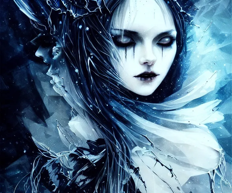 Image similar to stunning otherworldly gothic goddess of ice, dark and mysterious, atmospheric, ominous, eerie, cinematic, epic, 8 k, 4 k, ultra detail, ultra realistic, rendered by awesomeness. nights falling wind is blowwing snow is pilling concept art in style of carne griffiths artwork by xsullo