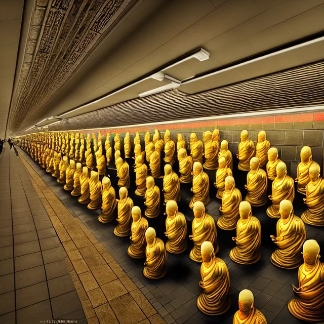 Prompt: a beautiful painting the subway station is full of hundreds of buddhas, by ultra detailed, hyper realistic, volumetric lighting render