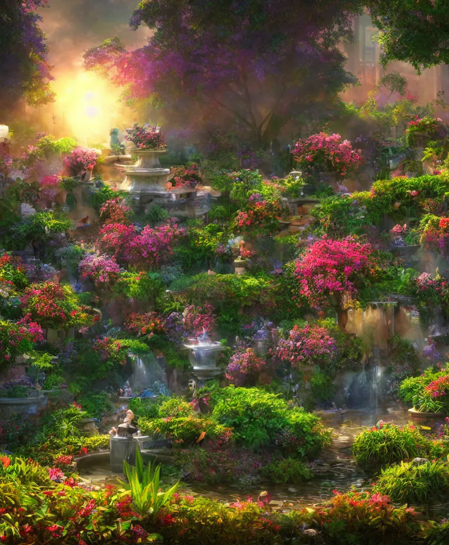 Prompt: beautiful Hyperrealistic Secret flower garden, water fountain, birds flying, highly detailed, digital painting, volumetric lighting, sunrise, trending artstation, concept art, illustration, cinematic lighting, vibrant colors, photorealism, epic, octane render