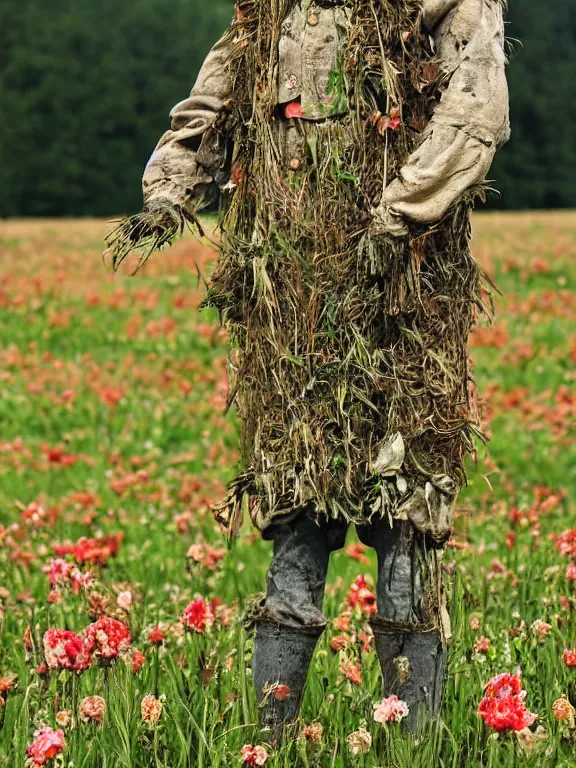 Image similar to human-like scarecrow wearing torn military clothes in beautiful meadow of flowers, ww1 photo, grainy, high detail, high resolution,