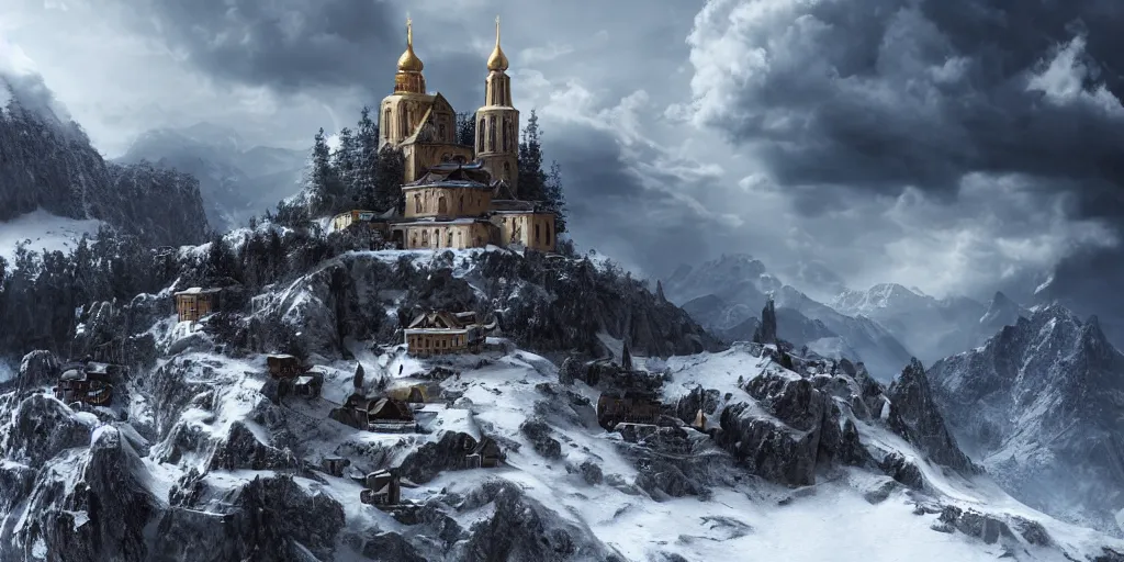 Image similar to A monastery on top of a snowy mountain surrounded by epic clouds by max schiller, cinematic, cinema lighting, ultra realistic, concept art, award winning