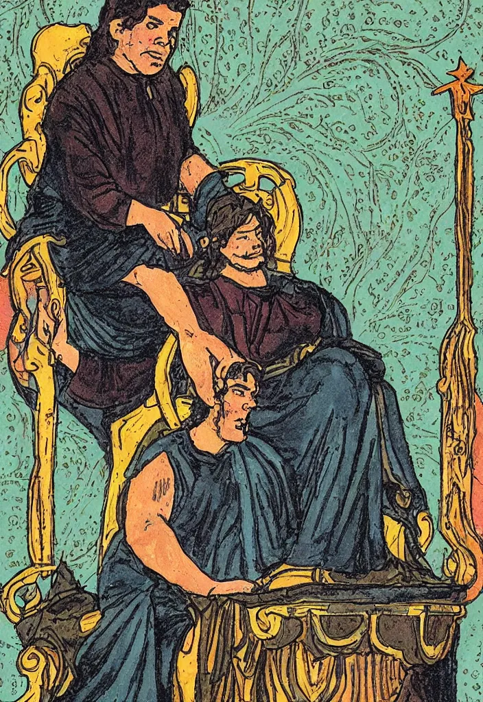 Image similar to Yann LeCun sitting on the throne on a tarot card, illustrated on the Rider–Waite tarot.