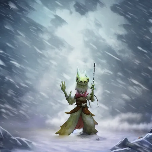 Prompt: white scaled kobold sorcerer standing in a blizzard, studio ghibli style, fantasy, colorful, 4k