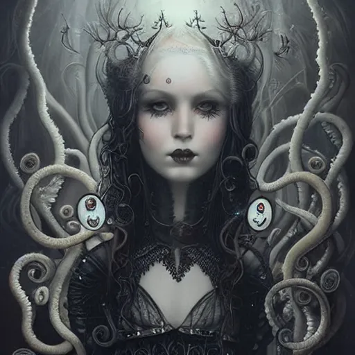 Image similar to By Tom Bagshaw, ultra realist soft painting of a curiosities carnival ornaments spikes and tentacles by night, very beautiful female dollpunk in full gothic dress and black eyes, symmetry accurate features, very intricate details, omnious sky, black and white, volumetric light clouds