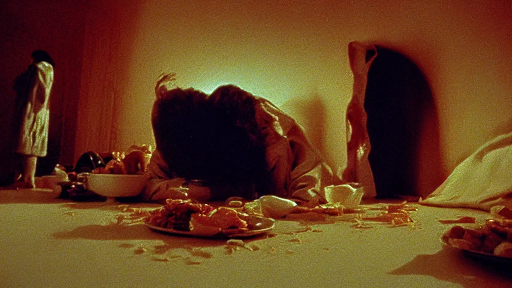 Image similar to the face with the plate of food under my bed, film still from the movie directed by denis villeneuve and david cronenberg with art direction by salvador dali and zdzisław beksinski, wide lens