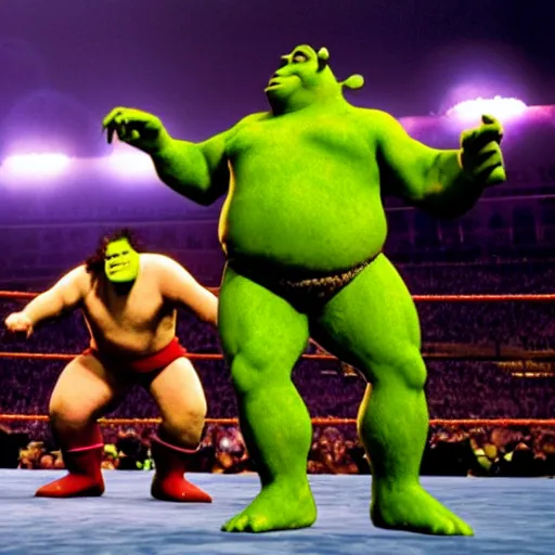 Image similar to shrek vs andre the giant at wrestlemania 8, dramatic lighting, intense battle 8k