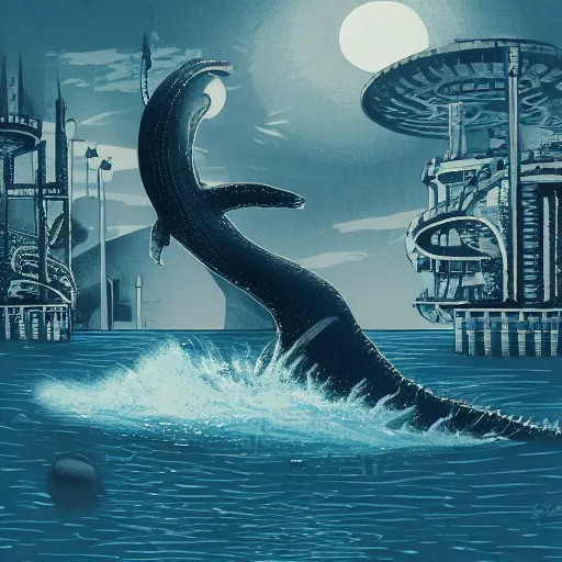 Prompt: the loch ness monster swimming through a retrofuturistic atompunk underwater city