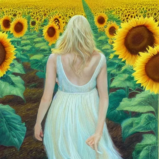 Image similar to a blonde babe slowly walking through amazing tall sunflower field, her blonde hair flowing down, subtle, intricate details, real masterpiece, oil on canvas, by somsak anong