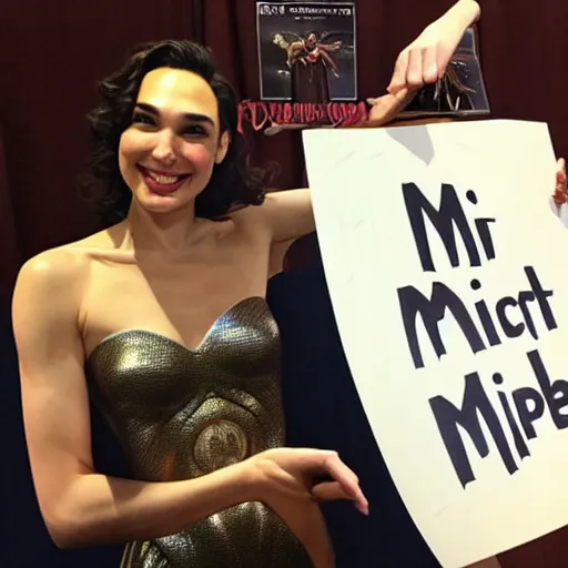 Image similar to Gal Gadot holding a sign that says M I T C H I E P O O !!!! as painted by Ralph Horsley