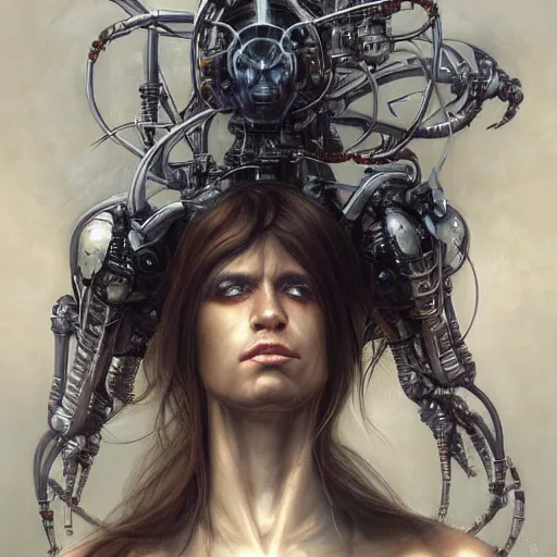 Image similar to portrait, augmented cybernetic metal band member, stern expression, long hair, highly detailed, digital painting, artstation, concept art, smooth, sharp focus, illustration, artgerm, tomasz alen kopera, peter mohrbacher, donato giancola, joseph christian leyendecker, wlop, frank frazetta