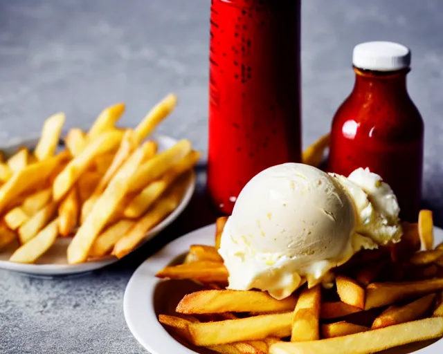 Prompt: dslr food photograph of vanilla ice cream with ketchup on, a leaf of oregano on the ice cream, french fries on the side, a bottle of ketchup, bokeh, 8 5 mm f 1. 4