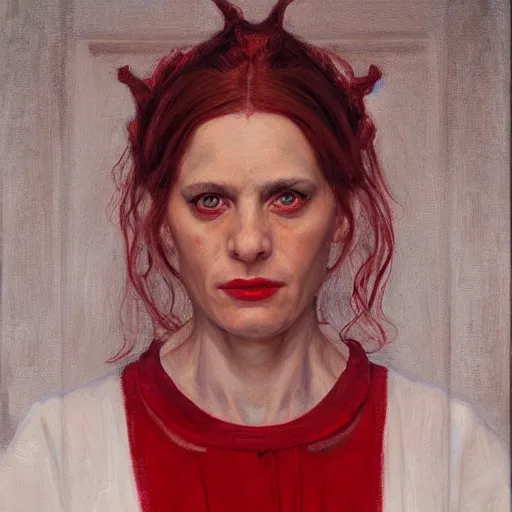 Image similar to frontal portrait of a priestess, wearing white and red, by donato giancola.