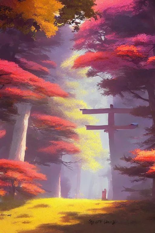 Image similar to Japanese Torii in a colorful moutain with COLORFUL trees ,morning , by studio ghibli painting, superior quality, masterpiece, by Grzegorz Rutkowski, concept art