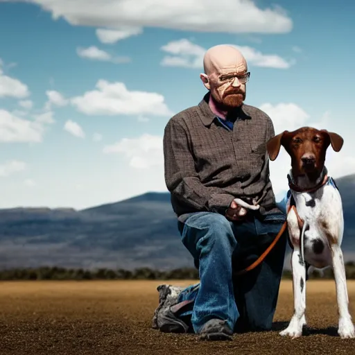 Prompt: Walter White and his trusty hound 4k photography award-winning footage, dramatic