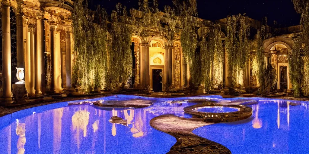 Image similar to photo of beautiful courtyard under moonlight, art deco and baroque aesthetic, large glowing moon, pool with rippling reflections, weeping willows and flowers, hellenistic sculptures, romantic, archdaily,