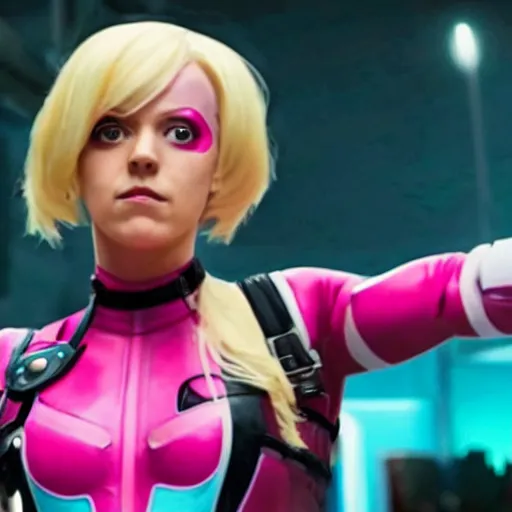 Image similar to A still of Gwenpool in Deadpool 3 (2023), blonde hair with pink highlights, no mask, light-pink costume